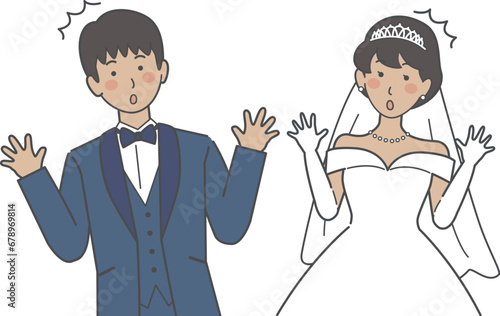 結婚式イラスト、ウェディング、両手を広げて驚く新郎新婦