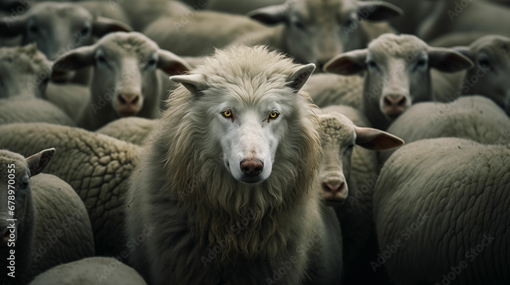 Fototapeta premium Image of a wolf among sheep. Wolf in sheep's clothing.