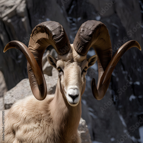 Bighorn sheep shown in a close-up portrait.  