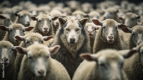 Image of a wolf among sheep. Wolf in sheep's clothing.