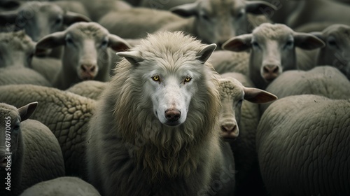 Image of a wolf among sheep. Wolf in sheep's clothing.