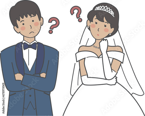 結婚式イラスト、ウエディング、悩む新郎新婦