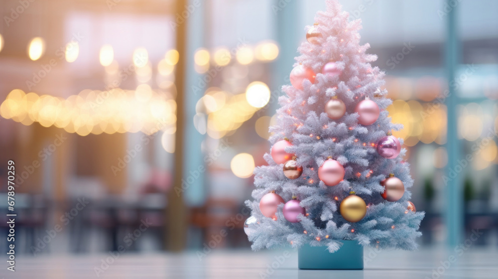 Christmas tree in front of a blurry shopping mall with people Christmas tree in front of a blurry shopping mall with people