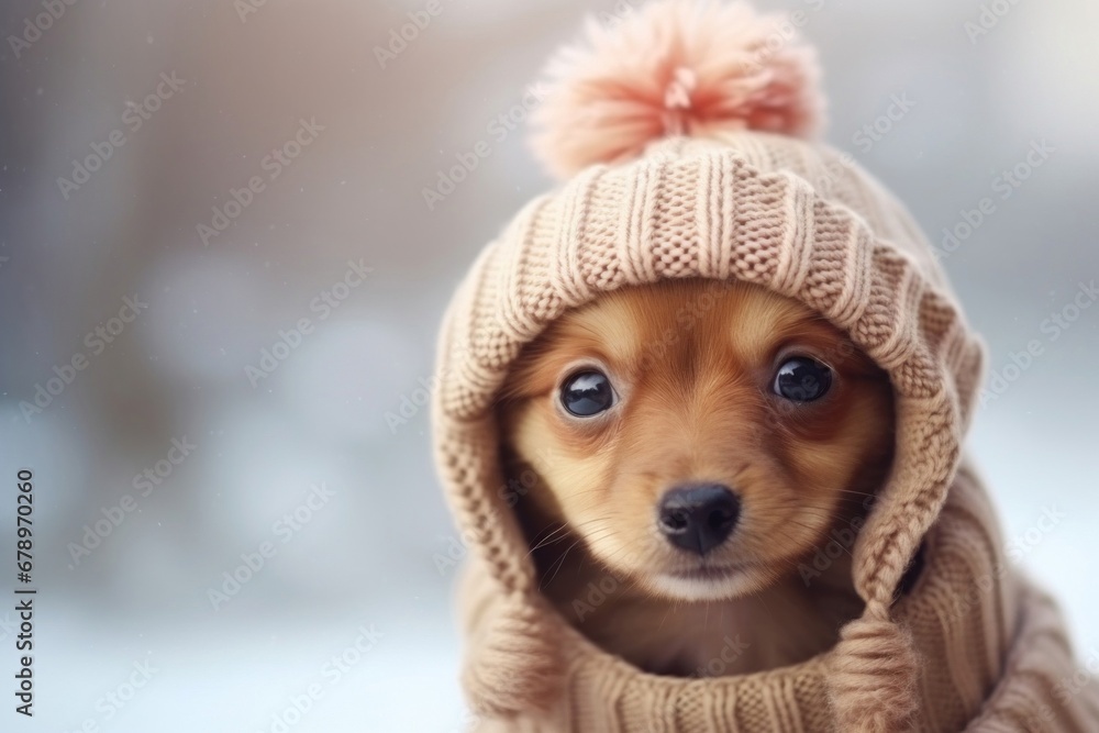 Cute little puppy in a knitted hat