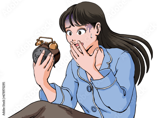 目覚まし時計を見て寝坊したことに絶望するパジャマ姿の若い女性