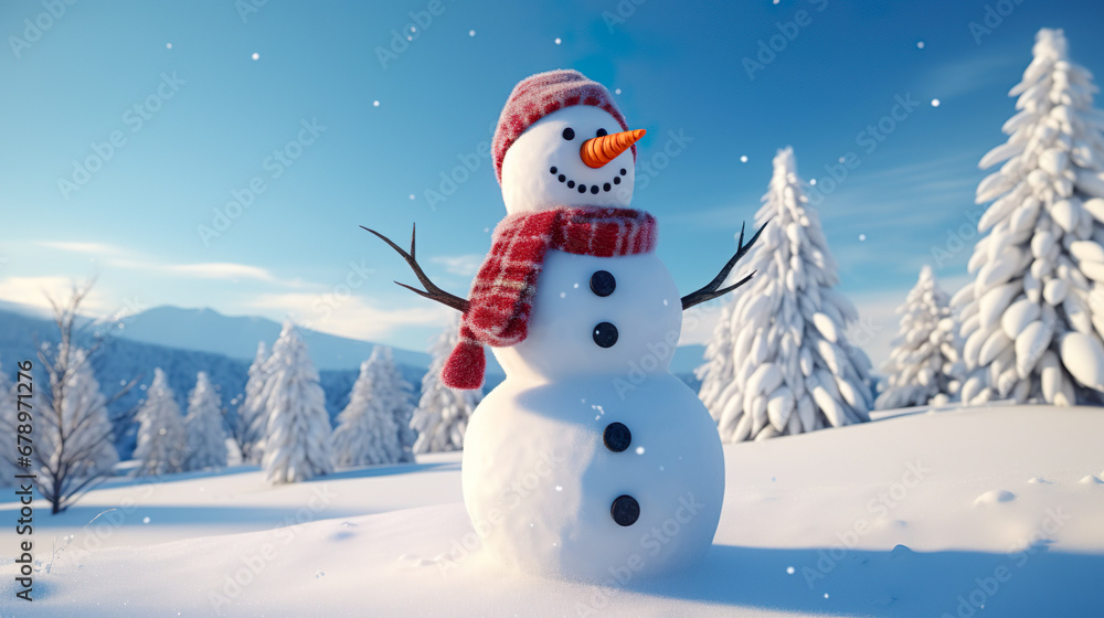 Obraz premium 可愛い雪だるまと銀世界の3Dイラスト