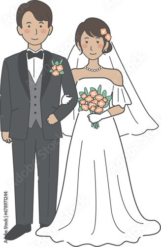 結婚式イラスト、腕を組んで正面を向く新郎新婦