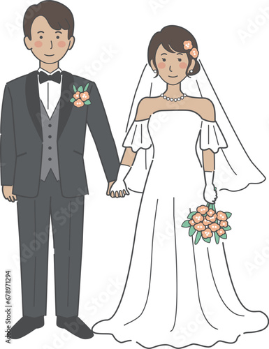 結婚式イラスト、手をつなぐ新郎新婦