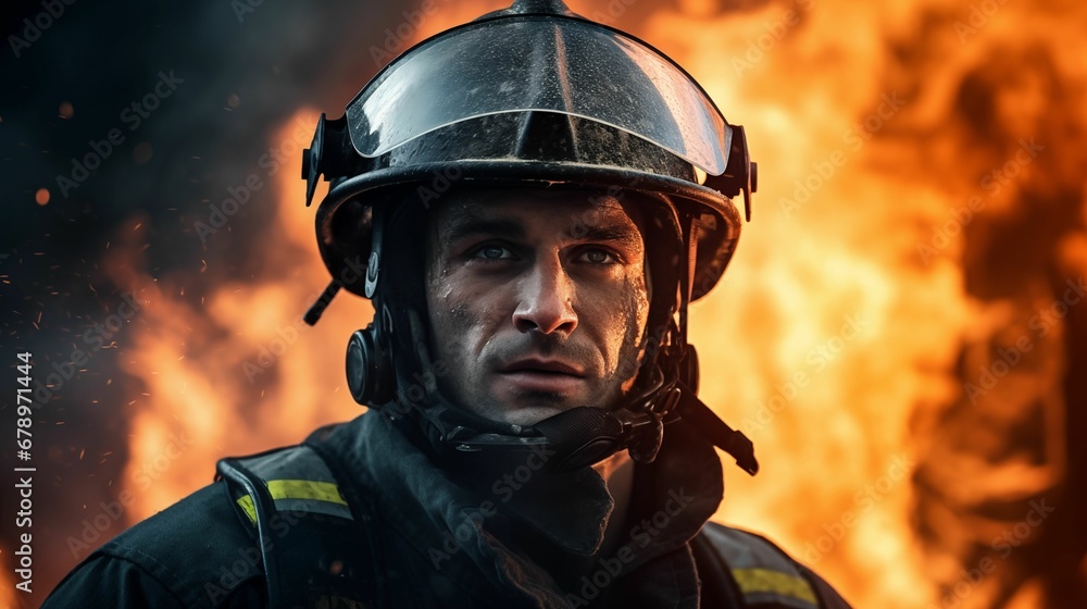 Image of a firefighter in action, focused and determined. Image of a firefighter in action, focused and determined.