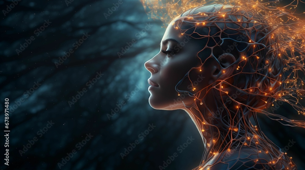 Image of a human head, with the brain visible and filled with glowing neurons. Image of a human head, with the brain visible and filled with glowing neurons.