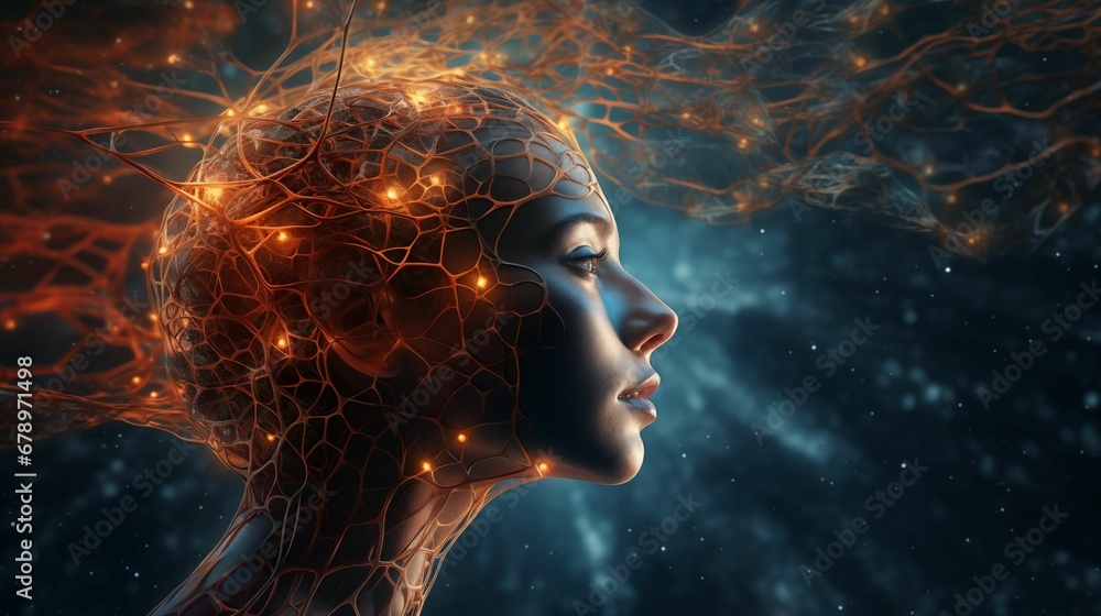 Image of a human head, with the brain visible and filled with glowing neurons. Image of a human head, with the brain visible and filled with glowing neurons.