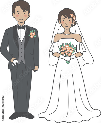 結婚式イラスト、正面を向いて並ぶ新郎新婦