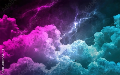 a backdrop of billowing clouds with bright neon lights in shades of electric blue and purple