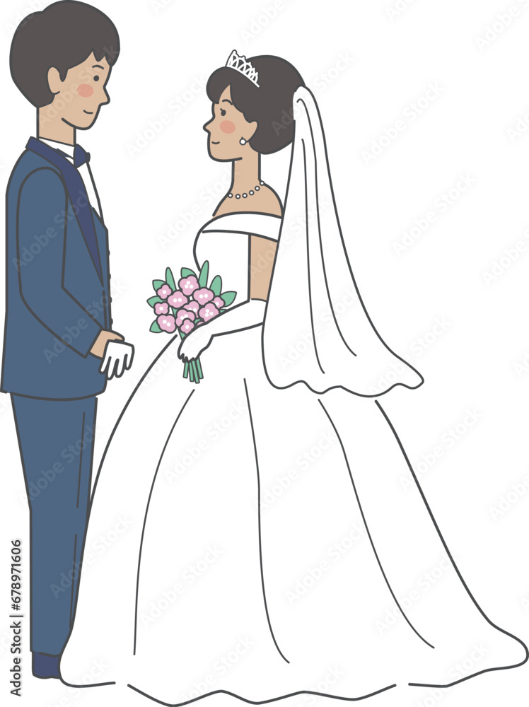 結婚式イラスト、向かい合う新郎新婦