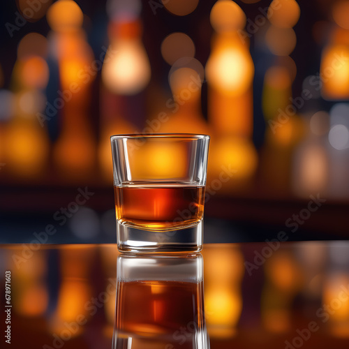 Whiskey shot close-up that is served neat and sitting on a bar counter.