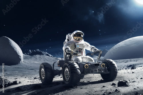 Astronaut driving car in space. Futuristic science research exploration transportation, Astronaut driving car on the moon photo