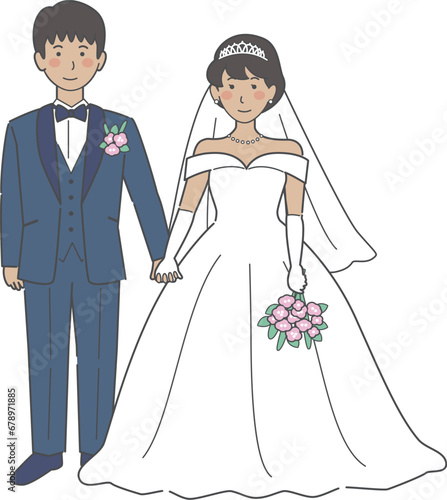 結婚式イラスト、手をつなぐ新郎新婦