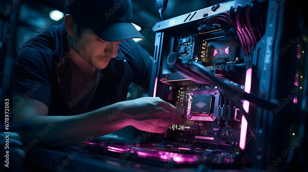 Art of PC building, low-angle shot of an individual meticulously assembling components inside a custom PC rig, the LED lighting showcasing the blend of functionality and aesthetics. - obrazy, fototapety, plakaty 