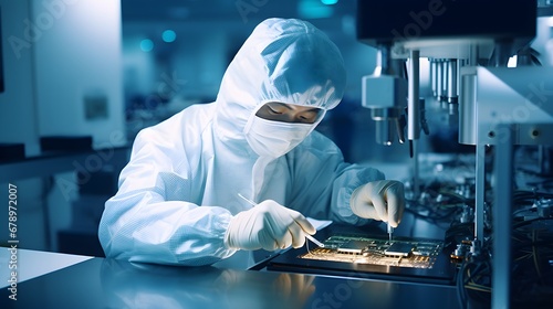 Precision in chip-making, medium shot of an engineer in a clean suit meticulously working in a semiconductor facility, illuminating the stringent standards of the industry. photo