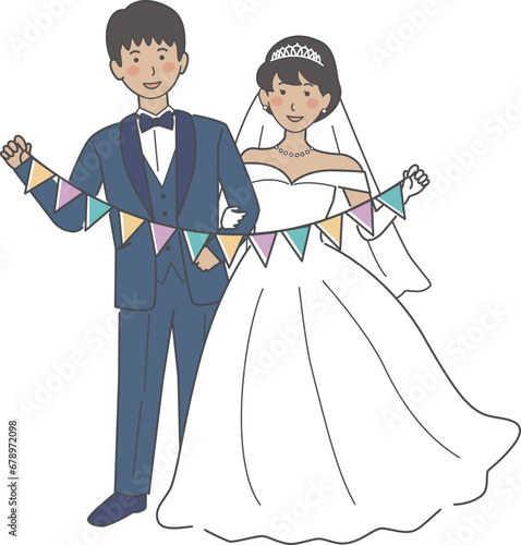 結婚式イラスト、ガーランドを持つ新郎新婦