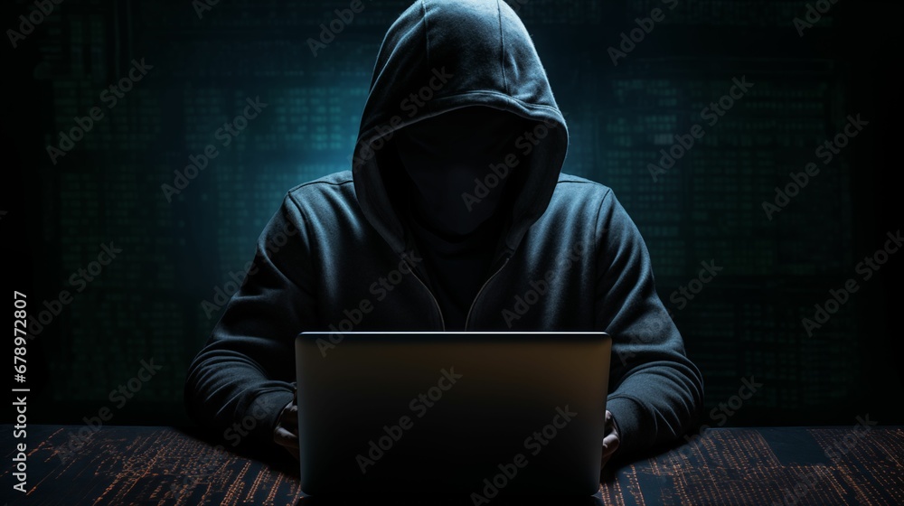 Hacker in a black sweatshirt with his face covered. Hacker in a black sweatshirt with his face covered.