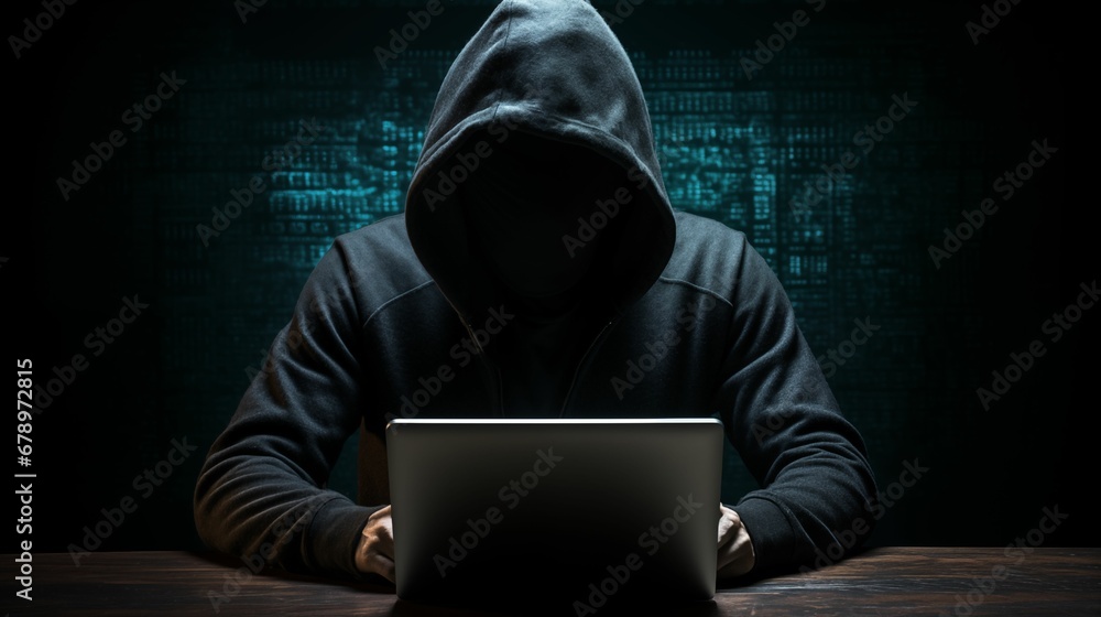 Hacker in a black sweatshirt with his face covered. Hacker in a black sweatshirt with his face covered.