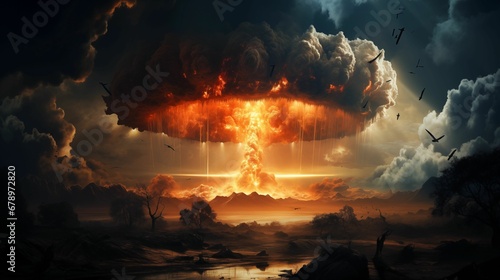 Futuristic nuclear explosion on a dark background. © kept