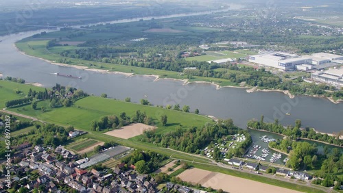High resolution video from the Messe Duesseldorf, taken from a helicopter. It shows the exhibition including in front of the rhine. In the background is the Airport Duesseldorf.