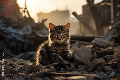 a sad cat sitting in destroyed buildings during palestine israel war conflict