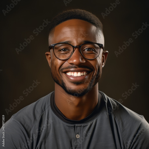 A cheerful portrait of a smiling black man with photorealistic detail and a mid-century design touch.