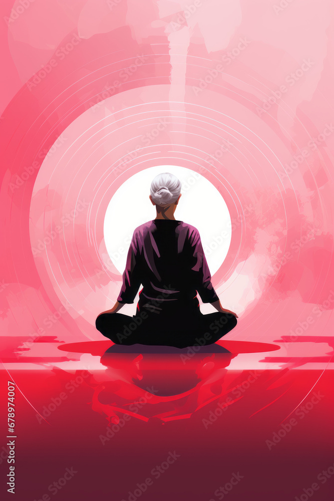 A woman meditates in a yoga posture, bathed in light pink and crimson hues, embodying grandparentcore and quadratura. A woman meditates in a yoga posture, bathed in light pink and crimson hues, embodying grandparentcore and quadratura.
