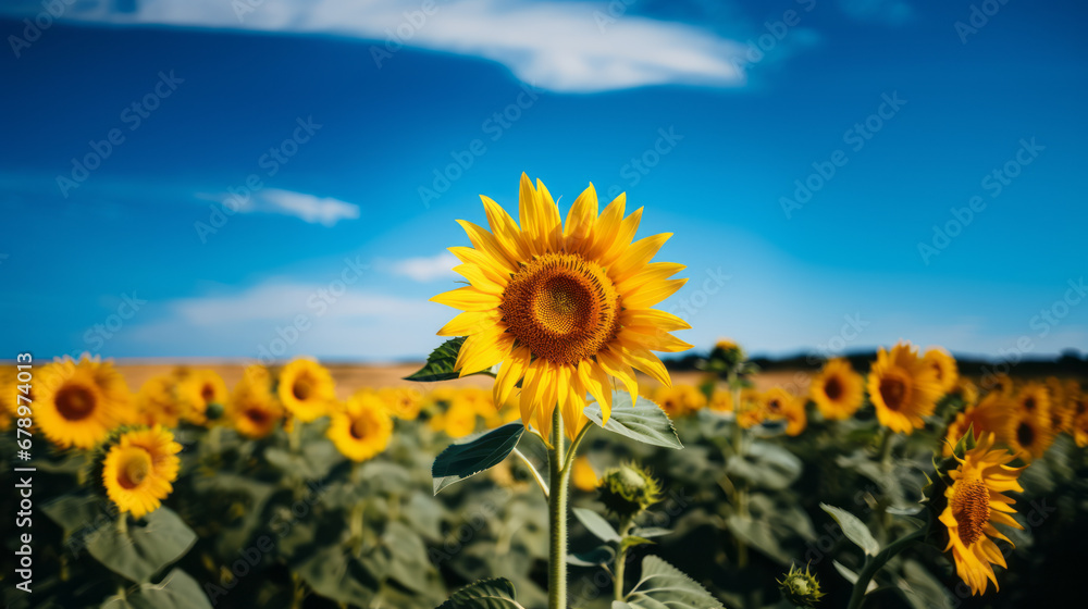 Obraz premium A vibrant sunflower in a field under a bright blue sky, showcasing colorful arrangements in stunning UHD.
