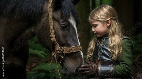 The image depicts a close and tender moment between a young girl and a horse. The girl is on the right side of the frame, and she is wearing a dark green jacket with intricate gold embroidery, and dar