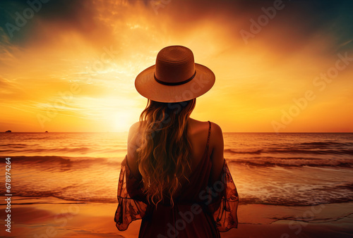 A woman wearing a hat stands on a beach at sunset, capturing photorealistic landscapes, color gradients, romantic seascapes, and golden hues in hypercolorful dreamscapes.