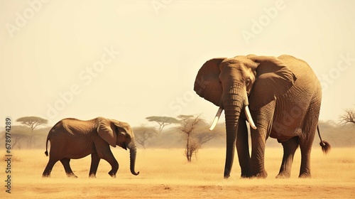 This image captures a serene scene of two African elephants in a savanna ecosystem. An adult elephant is prominently featured on the right side of the frame, with its large ears spread wide open, and 