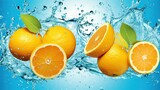 This is an image of whole and sliced oranges with splashing water around them. There are three whole oranges, one with a green leaf attached, and two orange halves, with the inside flesh visible. The 