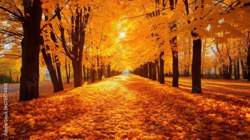 The image showcases a breathtaking autumn scene in a park with a central walking path covered with fallen leaves. The trees lining the path are tall and have full canopies  drenched in vibrant shades 
