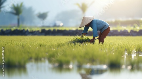 The image depicts a person working in a rice paddy during what appears to be early morning when the sunlight is soft. The field is lush and green, and there's a distinct reflection of the sky on the w