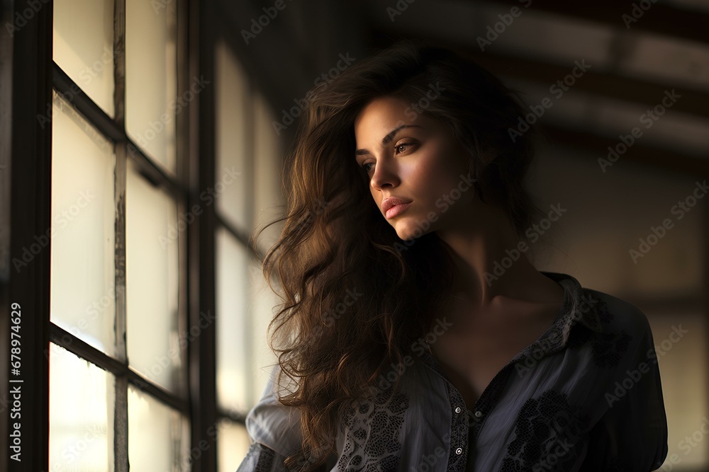 Fototapeta premium a beautiful confident and modern woman wearing a loose shirt sitting in a big open window in an old building looking outside. profile of the face. lovely. wistful. generative AI