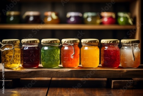 A vibrant, colorful array of homemade jelly jars lined up on a rustic wooden shelf, reflecting the warm sunlight through the kitchen window