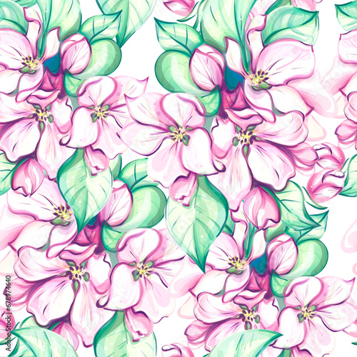 Seamless pattern watercolor japanese cherry blooming  sakura art. Apple tree bouquet