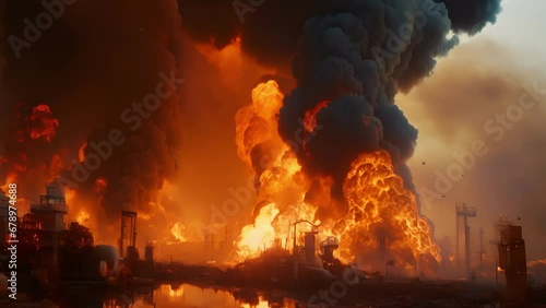 An intense blast rips through an oil refinery, causing a chain reaction of fiery explosions and billowing smoke. photo