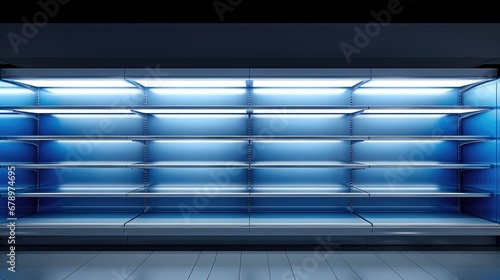 Empty grocery store refrigerated shelf, poised for product placement and renderings, offering a blank canvas for visualizing refrigerated food items in a retail setting