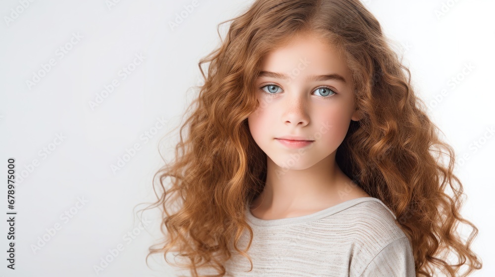 Fototapeta premium closeup photo portrait of a beautiful young children American model teen girl looking forward. child ad with copy space.