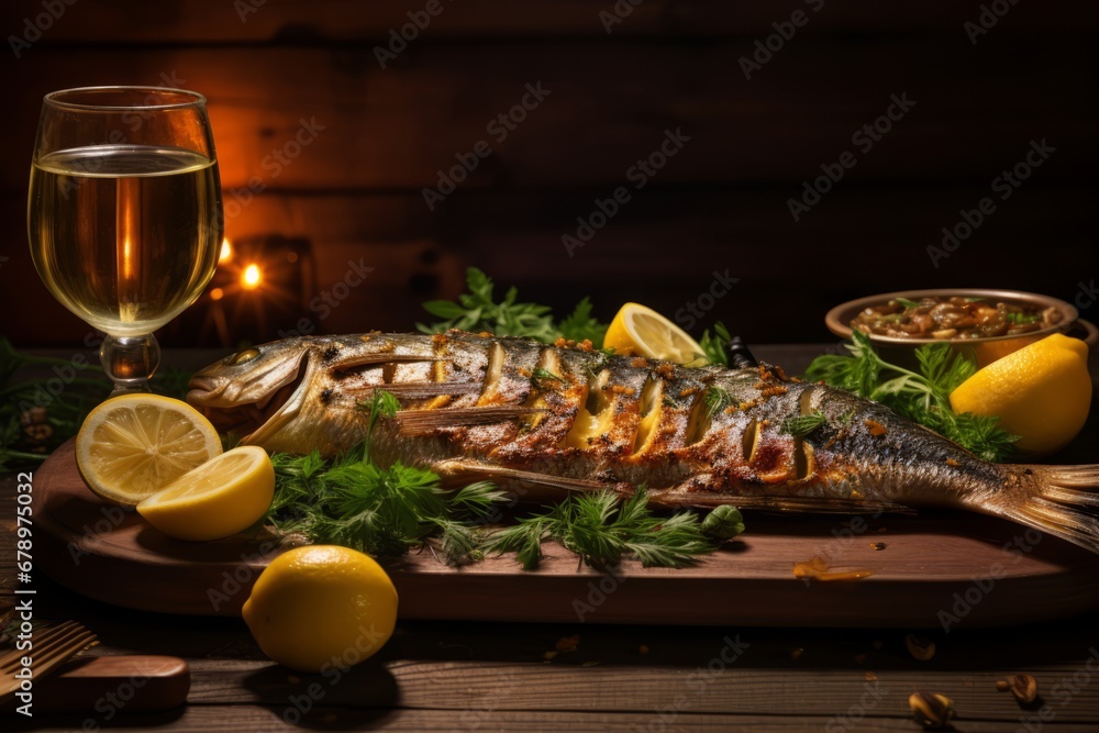 A traditional Spanish dish of freshly grilled Xouba, garnished with lemon slices and herbs, served on a rustic wooden table with a glass of white wine