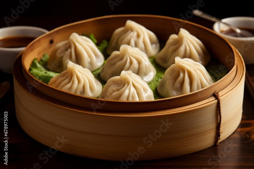 A beautifully presented steaming basket of Xiaolongbao, traditional Chinese soup dumplings, garnished with fresh green herbs and served with a side of tangy dipping sauce