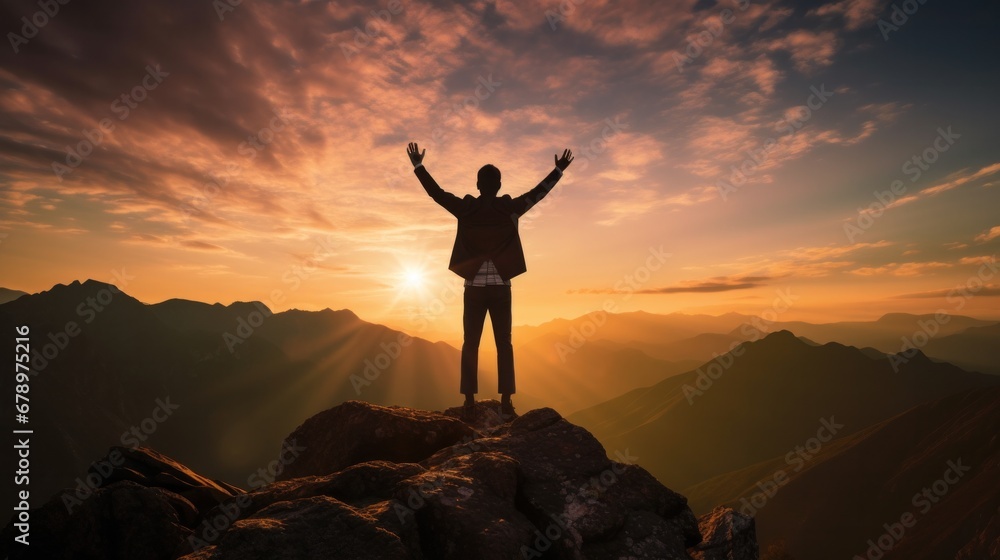 Silhouette of business male stand and feel happy on the most hight at the mountain on sunset, success, leader, teamwork, target, Aim, confident, achievement, goal, on plan, finish