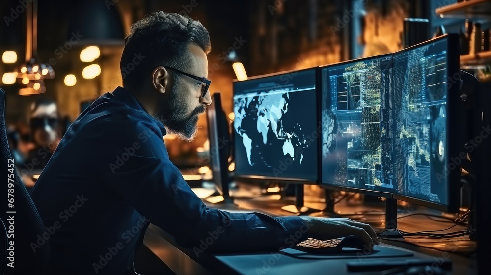 Operational data analysis, Man trader at work on a computer with a multi-monitor workstation with various charts and digital data. Operational data analysis, Man trader at work on a computer with a multi-monitor workstation with various charts and digital data.
