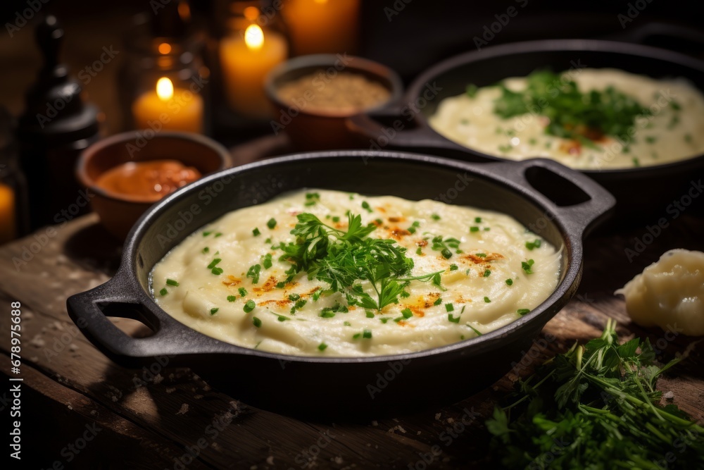 A close-up shot of the creamy, stringy Aligot, a traditional French dish made from melted cheese blended into mashed potatoes, served hot in a rustic setting