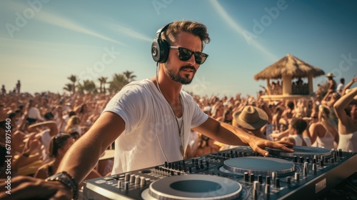 Dj set at the beach party, Dj spins the music, concept about party, Music and people. photo